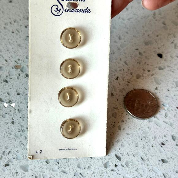4 NEW on card Vintage 50s Buttons By Schwanda Round 2 Hole Flat 3/5" Translucent - Picture 2 of 5